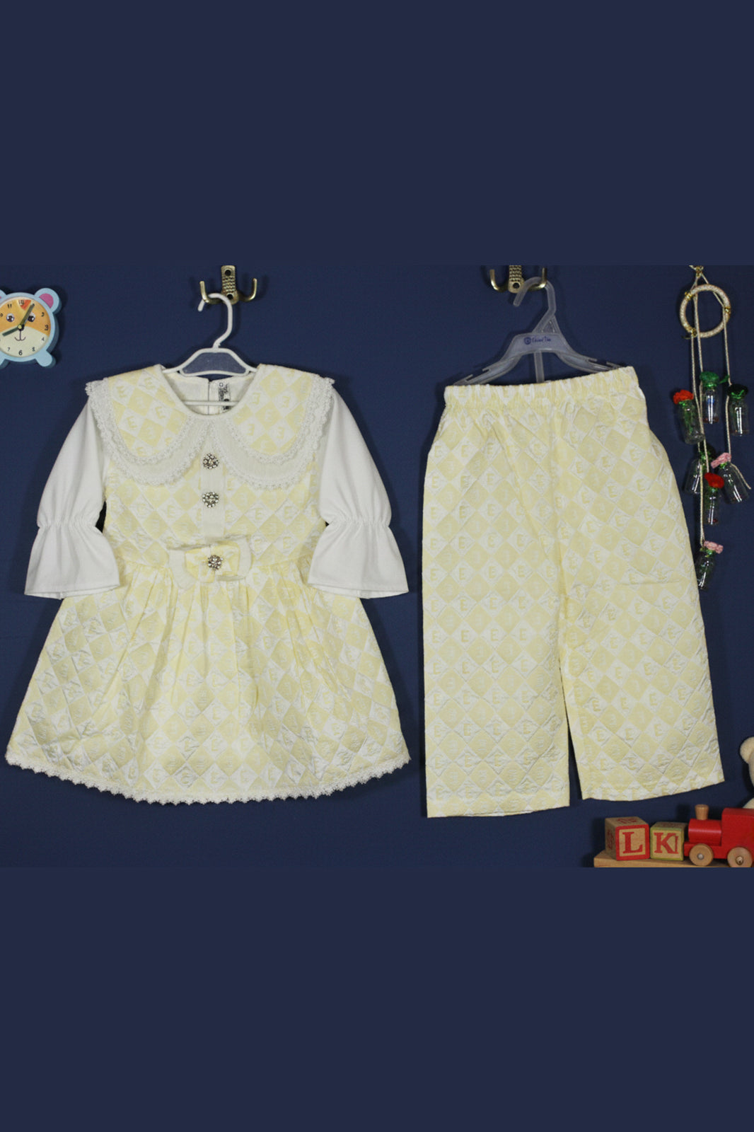 Lace‑Trimmed “E” Monogram Dress & Skirt Set for Girls