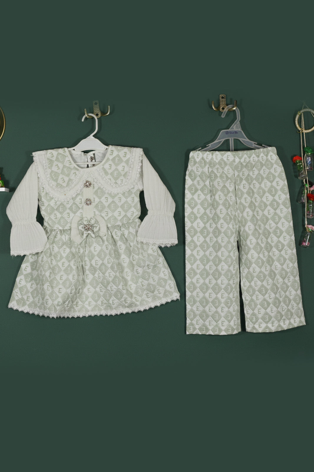 Lace‑Trimmed “E” Monogram Dress & Skirt Set for Girls