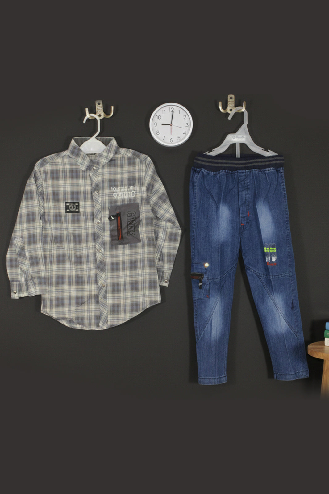 Boys Plaid Checkered Shirt & Denim Cargo Pants Combo