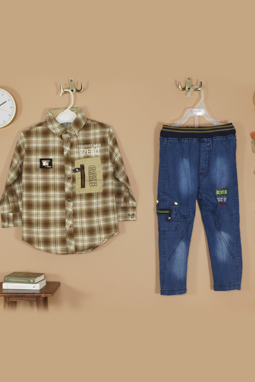 Boys Plaid Checkered Shirt & Denim Cargo Pants Combo