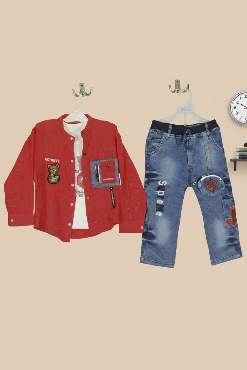 Kids Red Denim Jacket with Teddy Bear Patch & Blue Designer Jeans Outfit