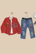 Kids Red Denim Jacket with Teddy Bear Patch & Blue Designer Jeans Outfit