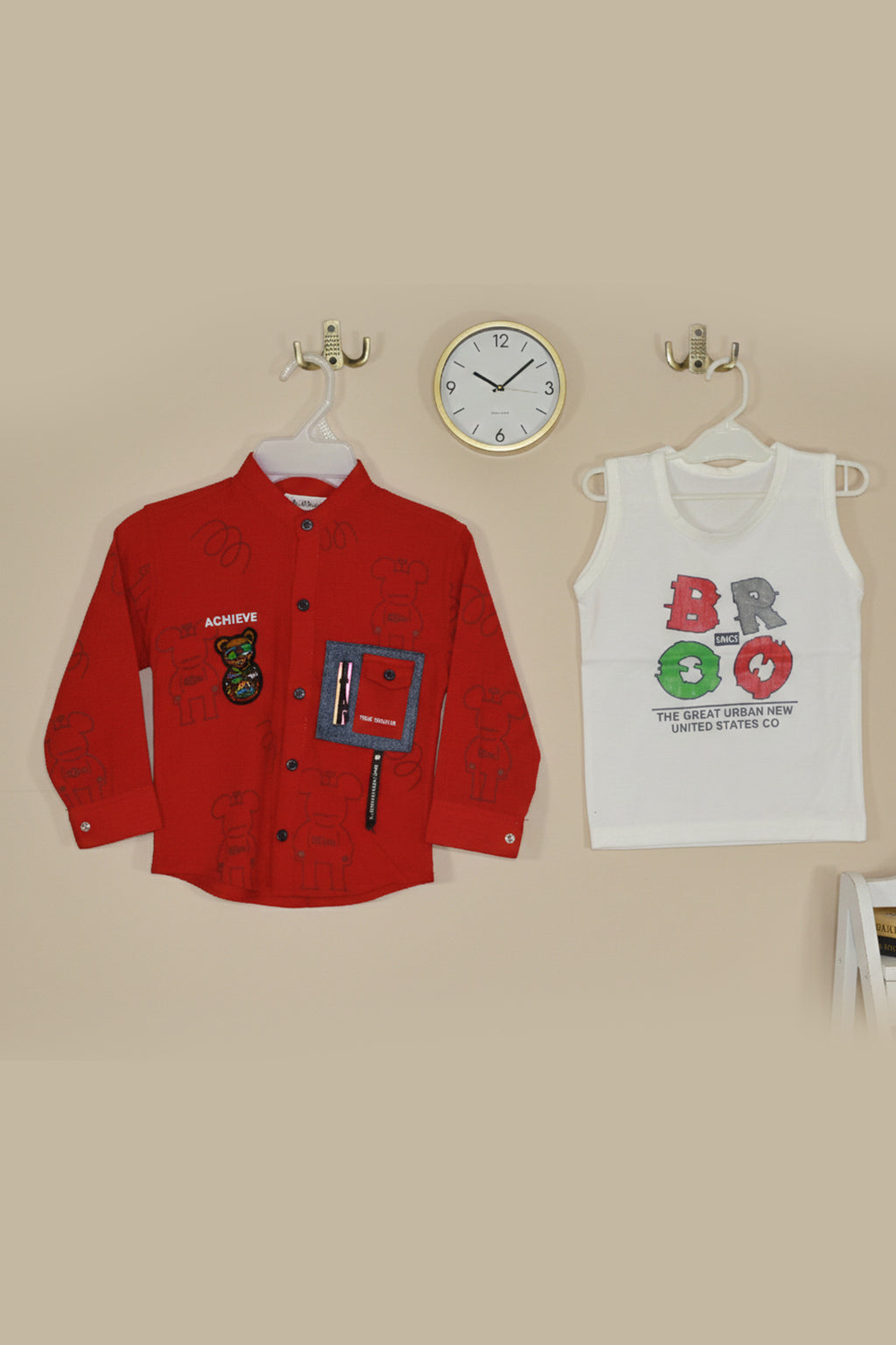 Kids Red Denim Jacket with Teddy Bear Patch & Blue Designer Jeans Outfit