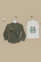 Kids Red Denim Jacket with Teddy Bear Patch & Blue Designer Jeans Outfit
