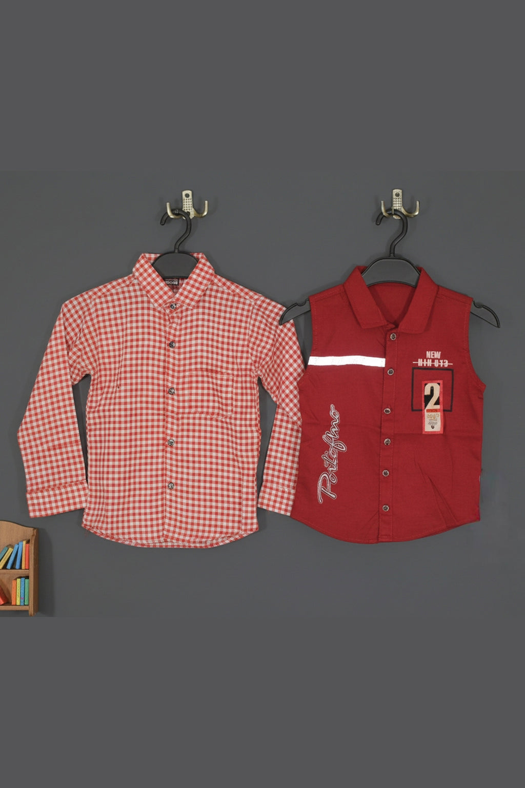 Sleeveless Polo Shirt "Portofino" Embroidery&nbsp; With Gingham Checkered Long Sleeve Button-Down Shirt for Kids&nbsp;