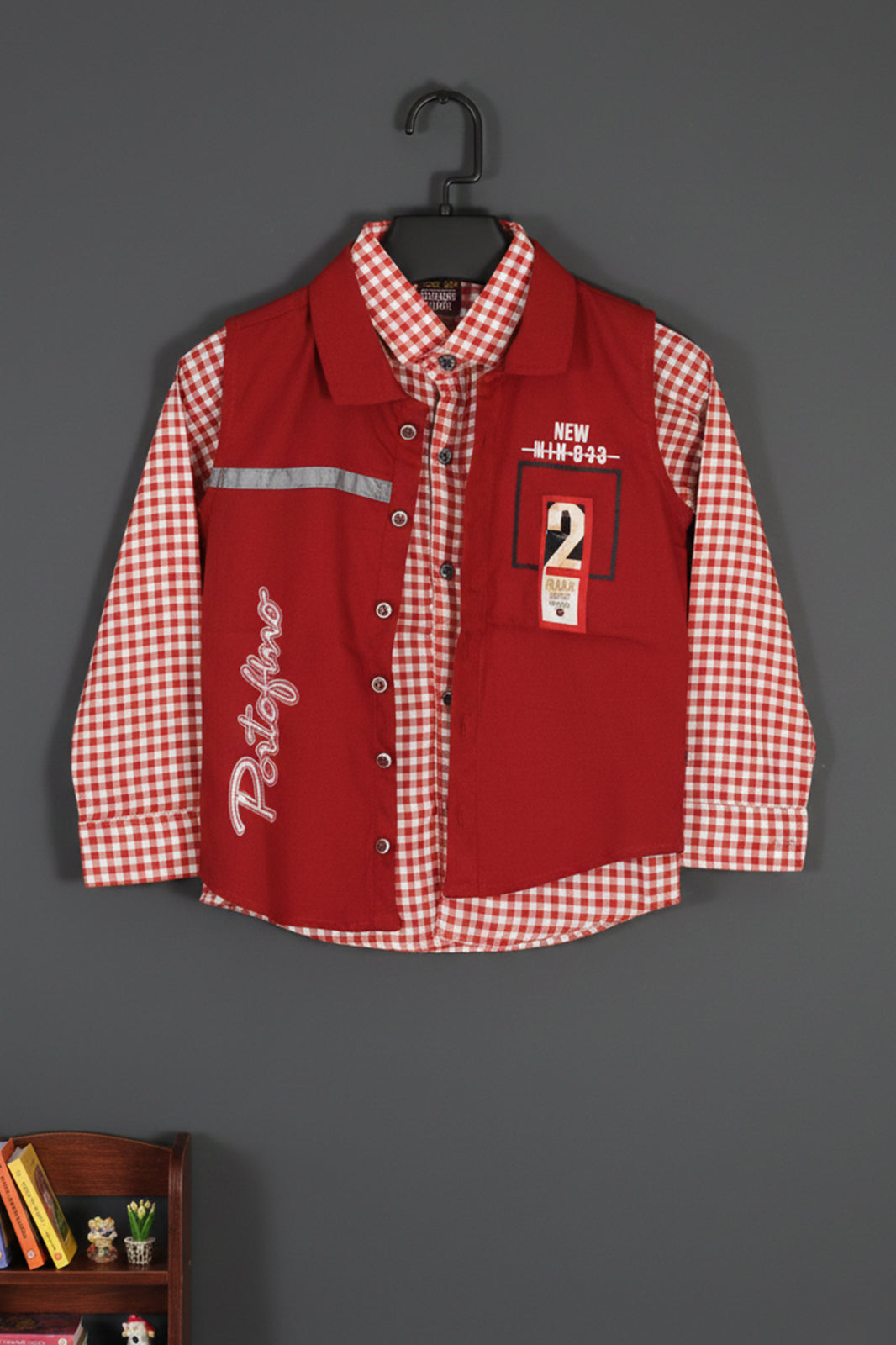 Sleeveless Polo Shirt "Portofino" Embroidery&nbsp; With Gingham Checkered Long Sleeve Button-Down Shirt for Kids&nbsp;