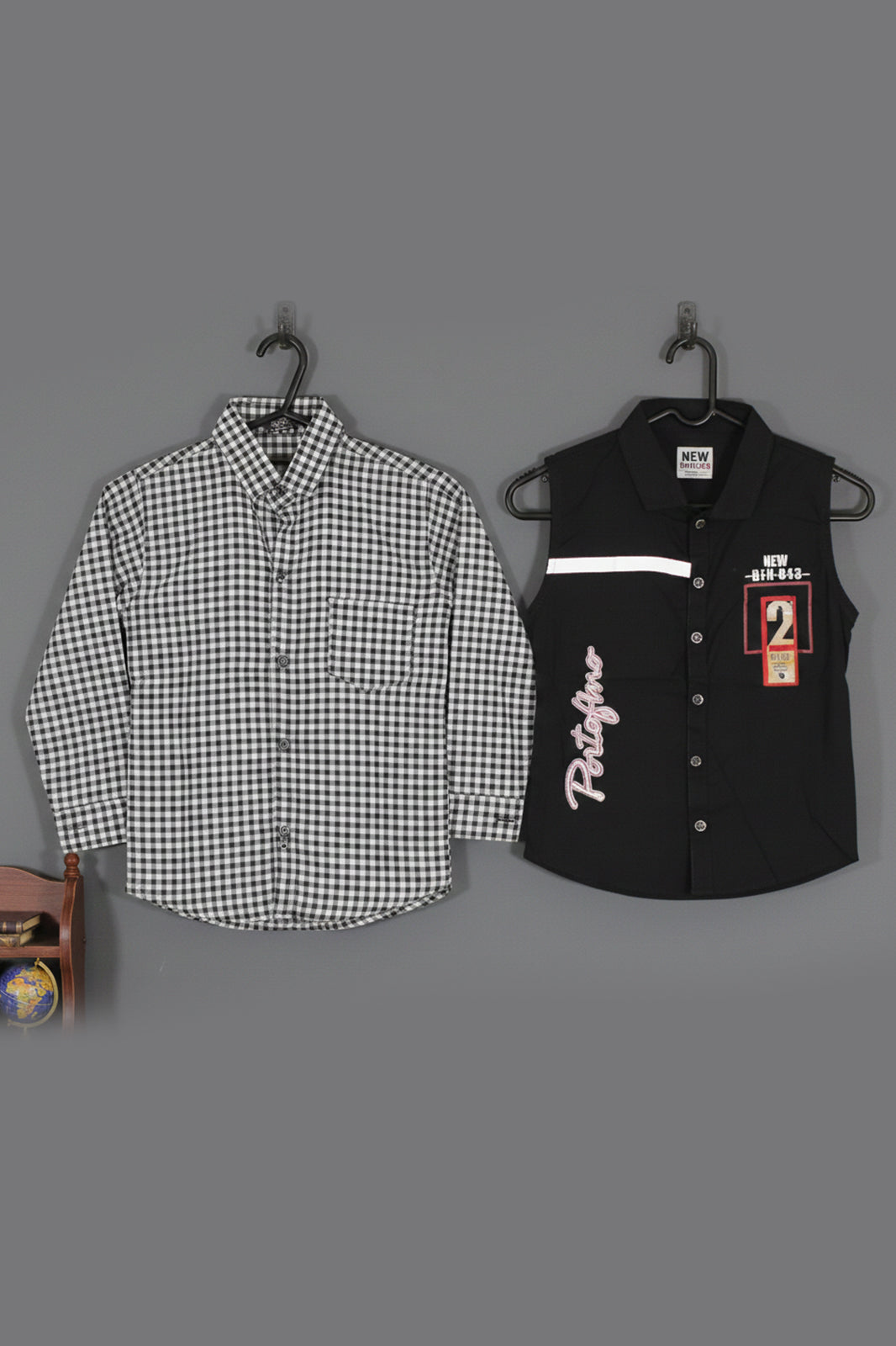 Sleeveless Polo Shirt "Portofino" Embroidery&nbsp; With Gingham Checkered Long Sleeve Button-Down Shirt for Kids&nbsp;