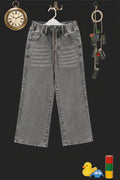 Gray Acid‑Washed Denim Wide‑Leg Jeans with Multicolor Drawstring