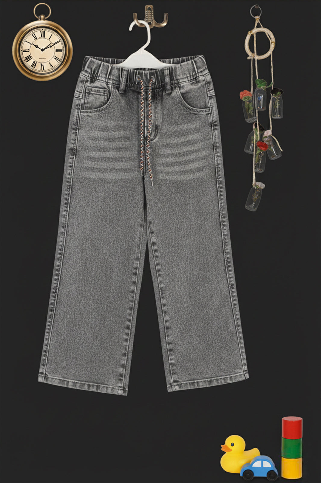 Gray Acid‑Washed Denim Wide‑Leg Jeans with Multicolor Drawstring