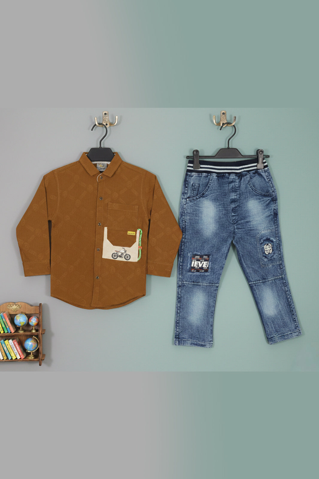 Kids Motorcycle Graphic Shirt with Denim Ripped Jeans Outfit