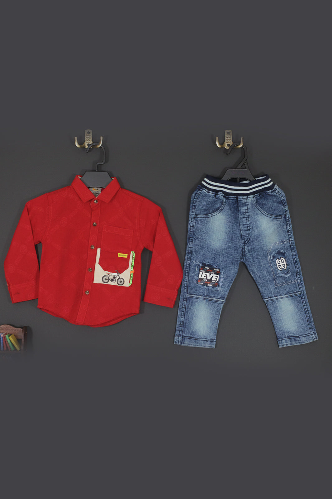 Kids Motorcycle Graphic Shirt with Denim Ripped Jeans Outfit