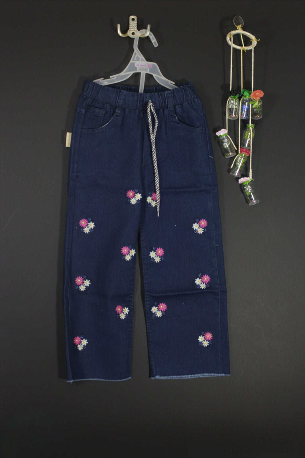 Girls Dark Blue Embroidered Denim Pants – Elastic Waist Casual Jeans