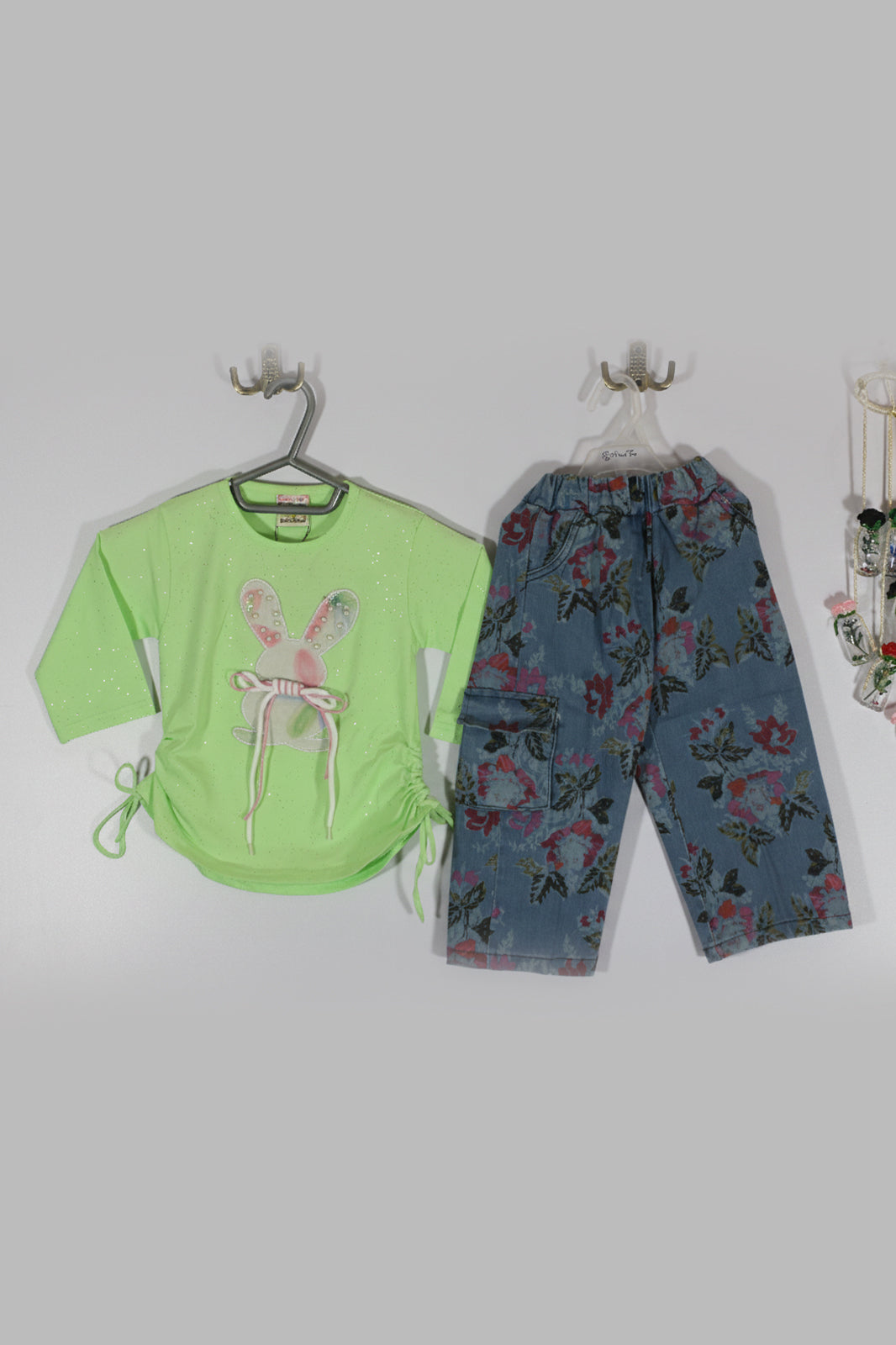 Girls Cotton Top & Floral Denim Pant Set – Cute Bunny Design Two-Piece Outfit