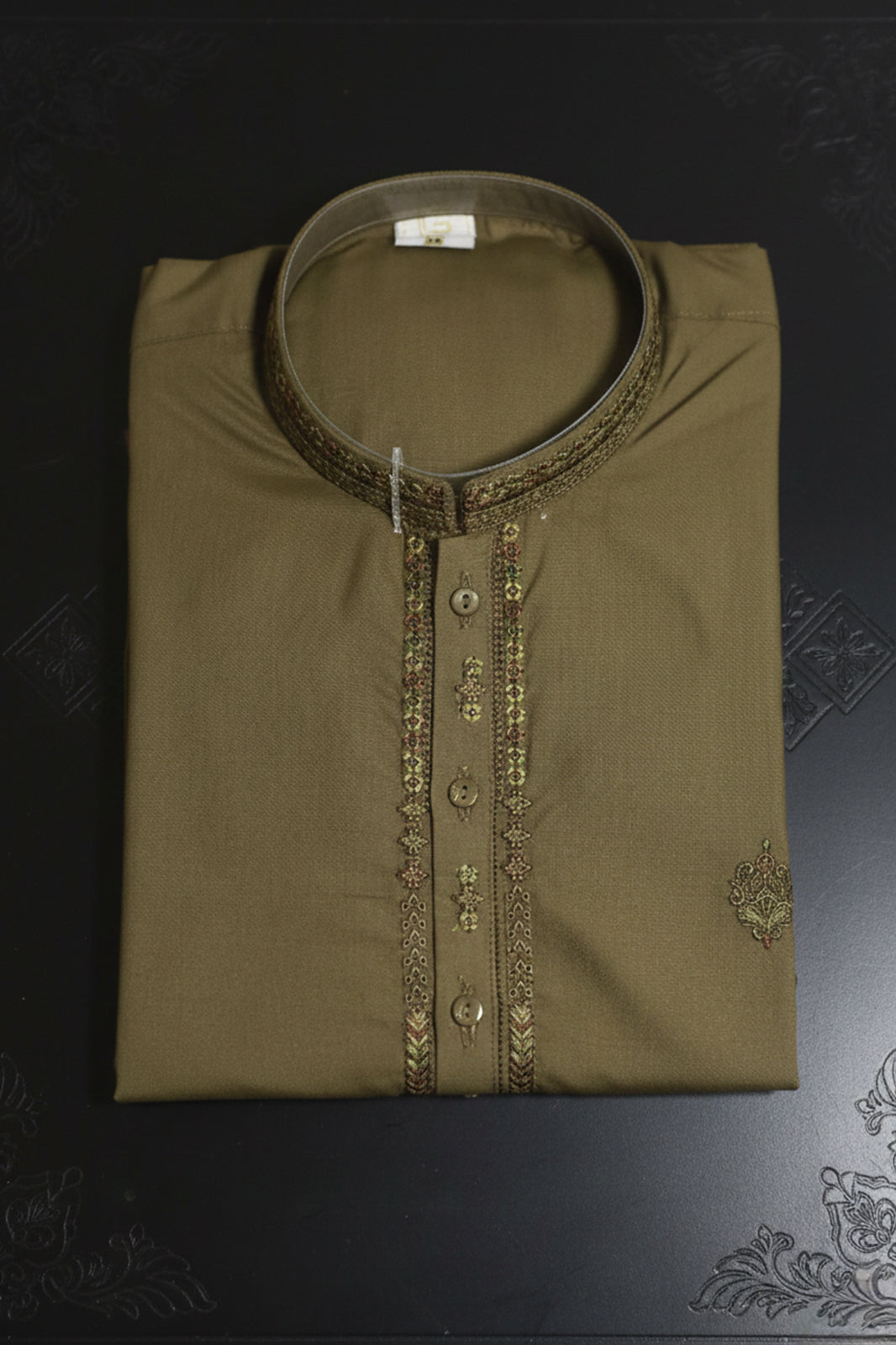 Boys Olive Green Embroidered Kurta – Traditional Eid & Party Wear