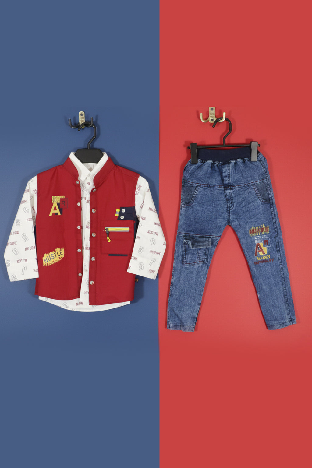 Jecco All‑Over Print White Casual Shirt & Hustle Varsity Black Sleeveless Jacket with Youth Eddition