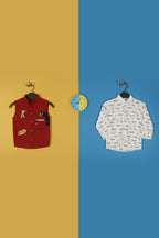 Jecco All‑Over Print White Casual Shirt & Hustle Varsity Black Sleeveless Jacket with Youth Eddition