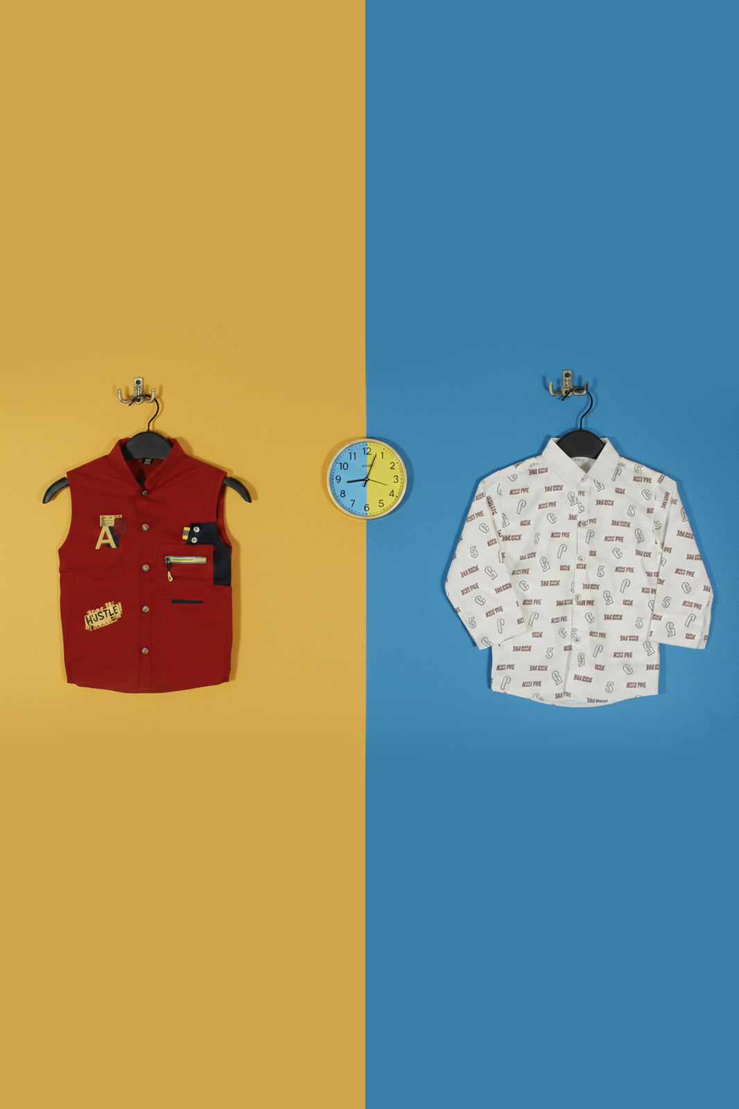 Jecco All‑Over Print White Casual Shirt & Hustle Varsity Black Sleeveless Jacket with Youth Eddition