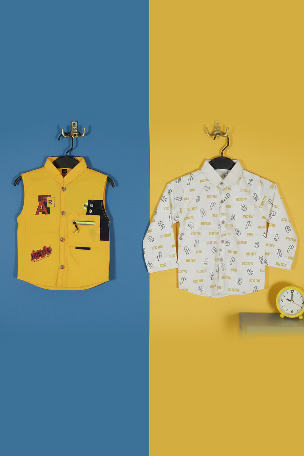 Jecco All‑Over Print White Casual Shirt & Hustle Varsity Black Sleeveless Jacket with Youth Eddition