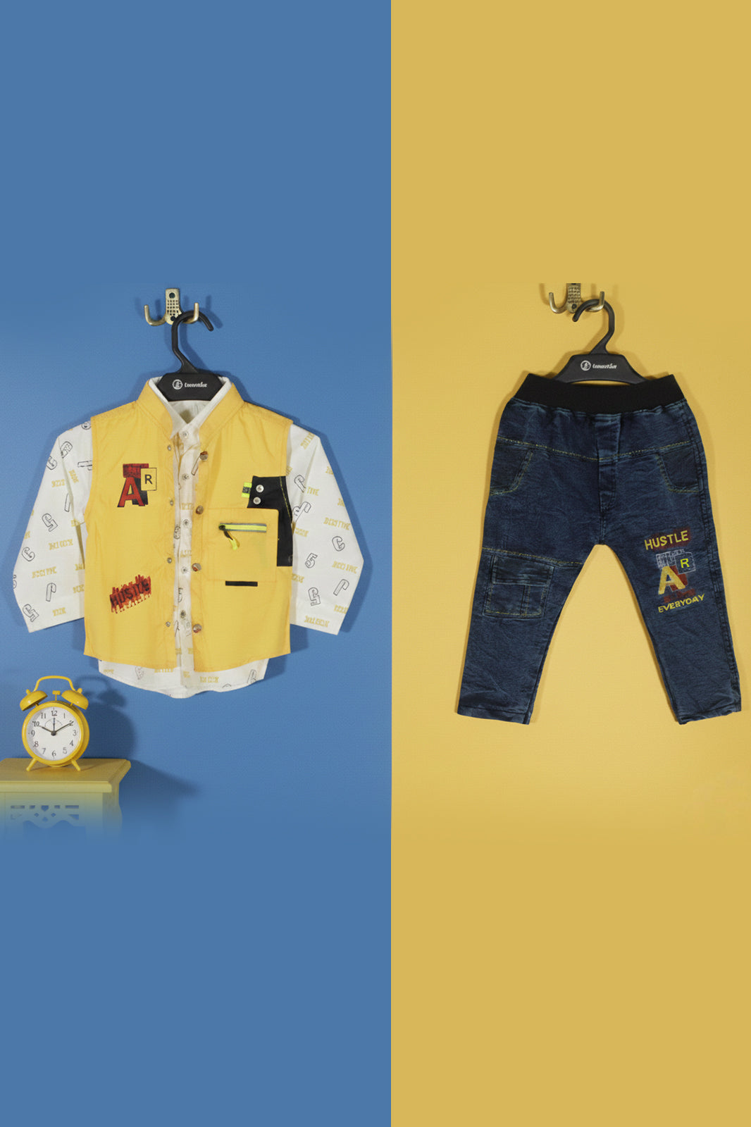 Jecco All‑Over Print White Casual Shirt & Hustle Varsity Black Sleeveless Jacket with Youth Eddition