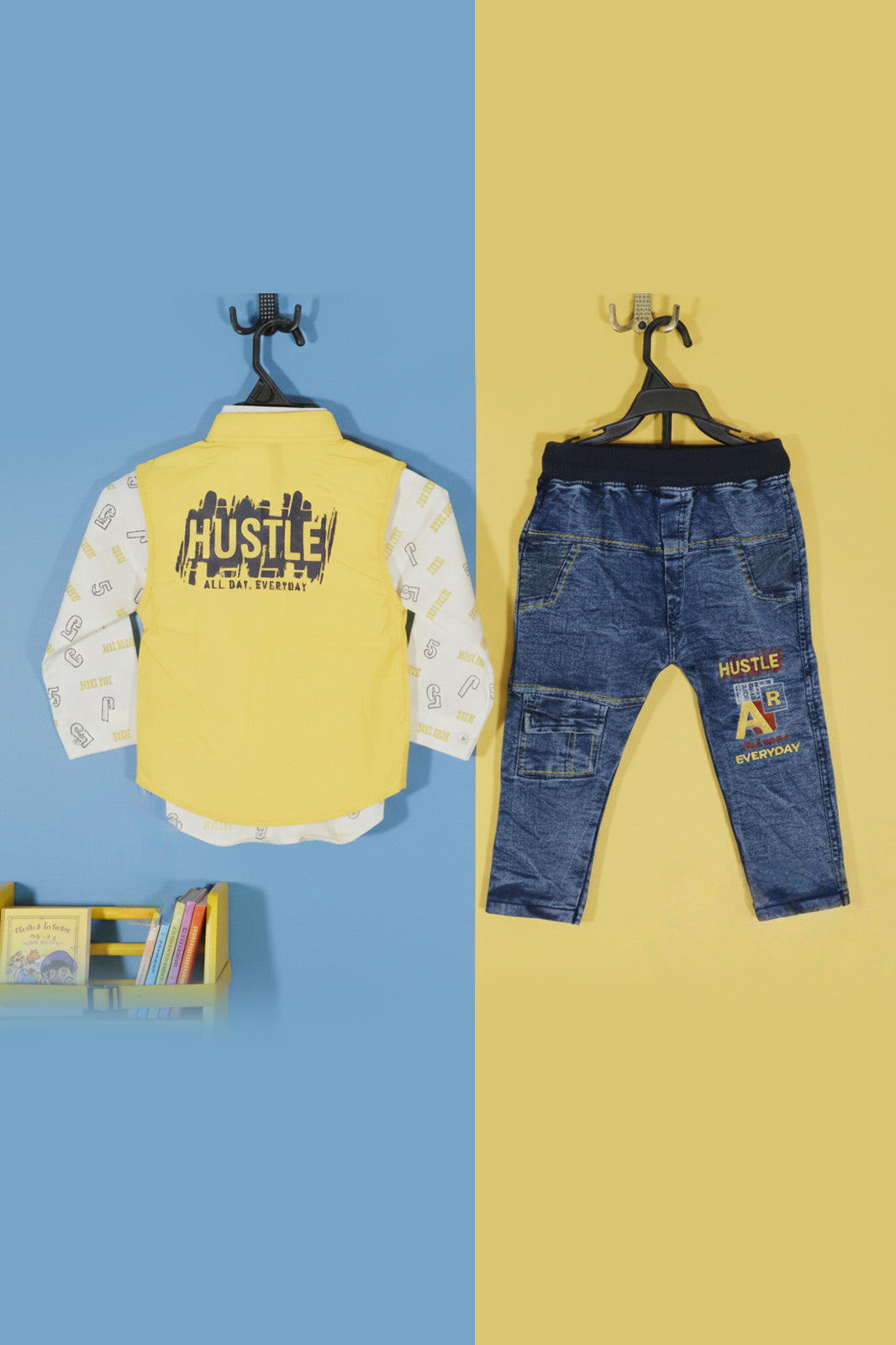 Jecco All‑Over Print White Casual Shirt & Hustle Varsity Black Sleeveless Jacket with Youth Eddition