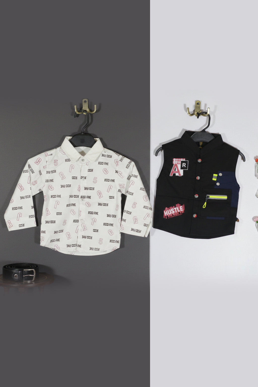 Jecco All‑Over Print White Casual Shirt & Hustle Varsity Black Sleeveless Jacket with Youth Eddition