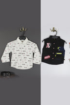 Jecco All‑Over Print White Casual Shirt & Hustle Varsity Black Sleeveless Jacket with Youth Eddition