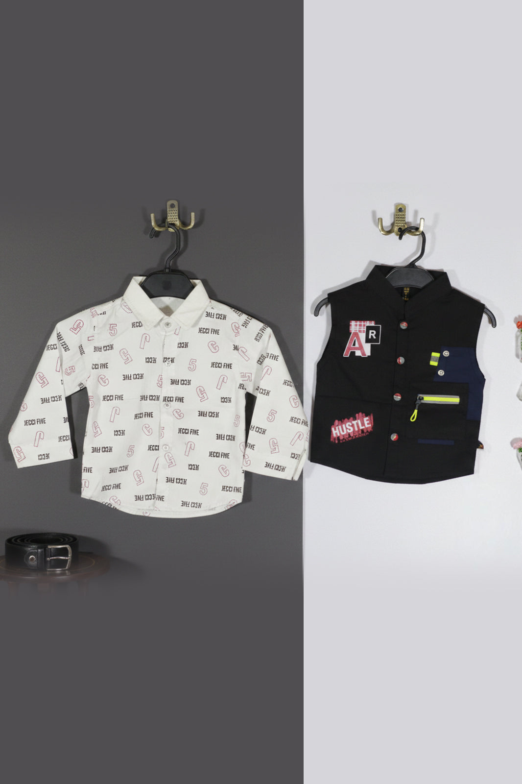 Jecco All‑Over Print White Casual Shirt & Hustle Varsity Black Sleeveless Jacket with Youth Eddition