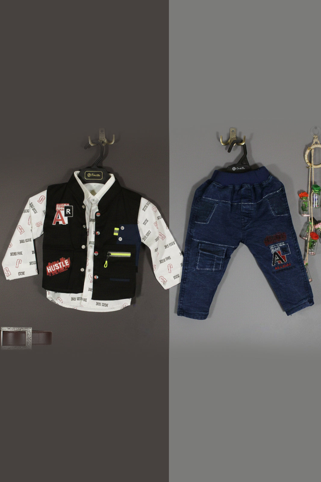 Jecco All‑Over Print White Casual Shirt & Hustle Varsity Black Sleeveless Jacket with Youth Eddition