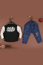 Jecco All‑Over Print White Casual Shirt & Hustle Varsity Black Sleeveless Jacket with Youth Eddition
