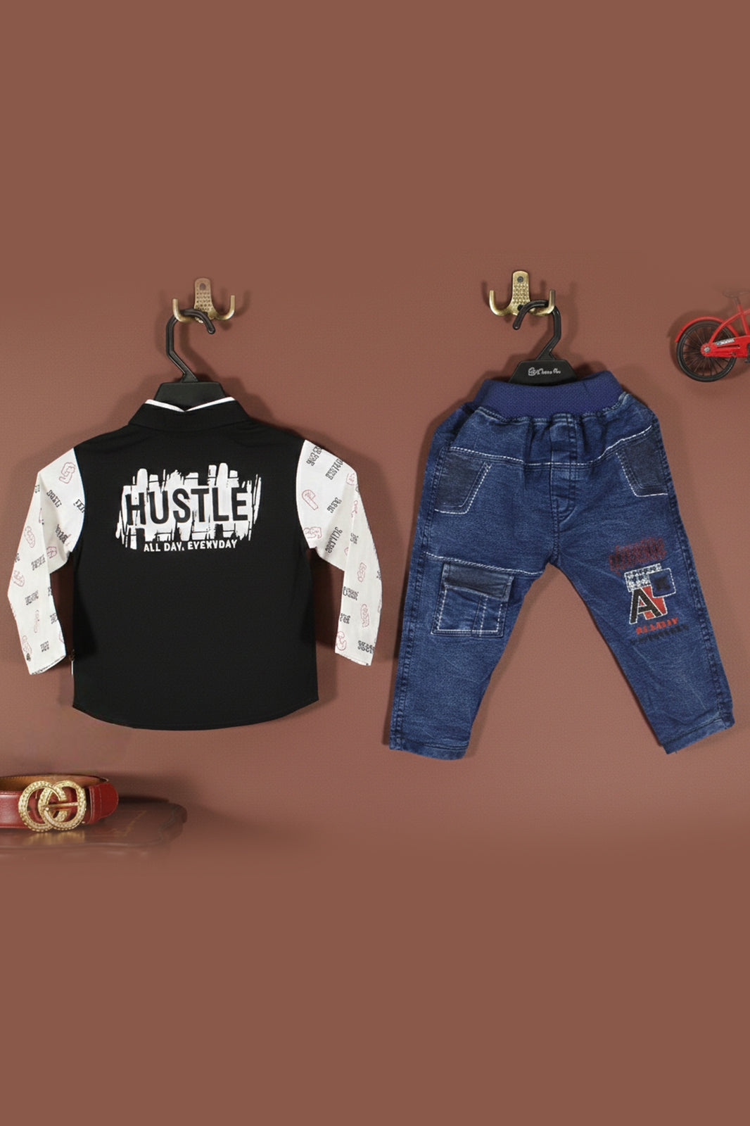 Jecco All‑Over Print White Casual Shirt & Hustle Varsity Black Sleeveless Jacket with Youth Eddition