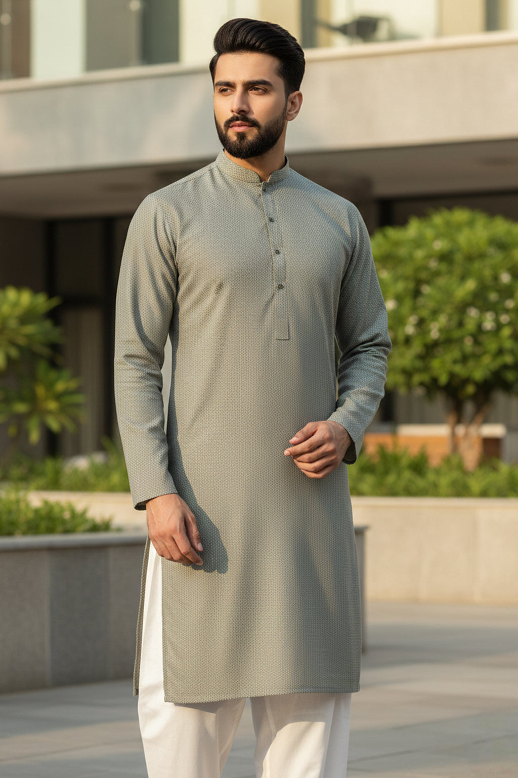 Pistachio green with rust doted self design premium kurta with white shalwar