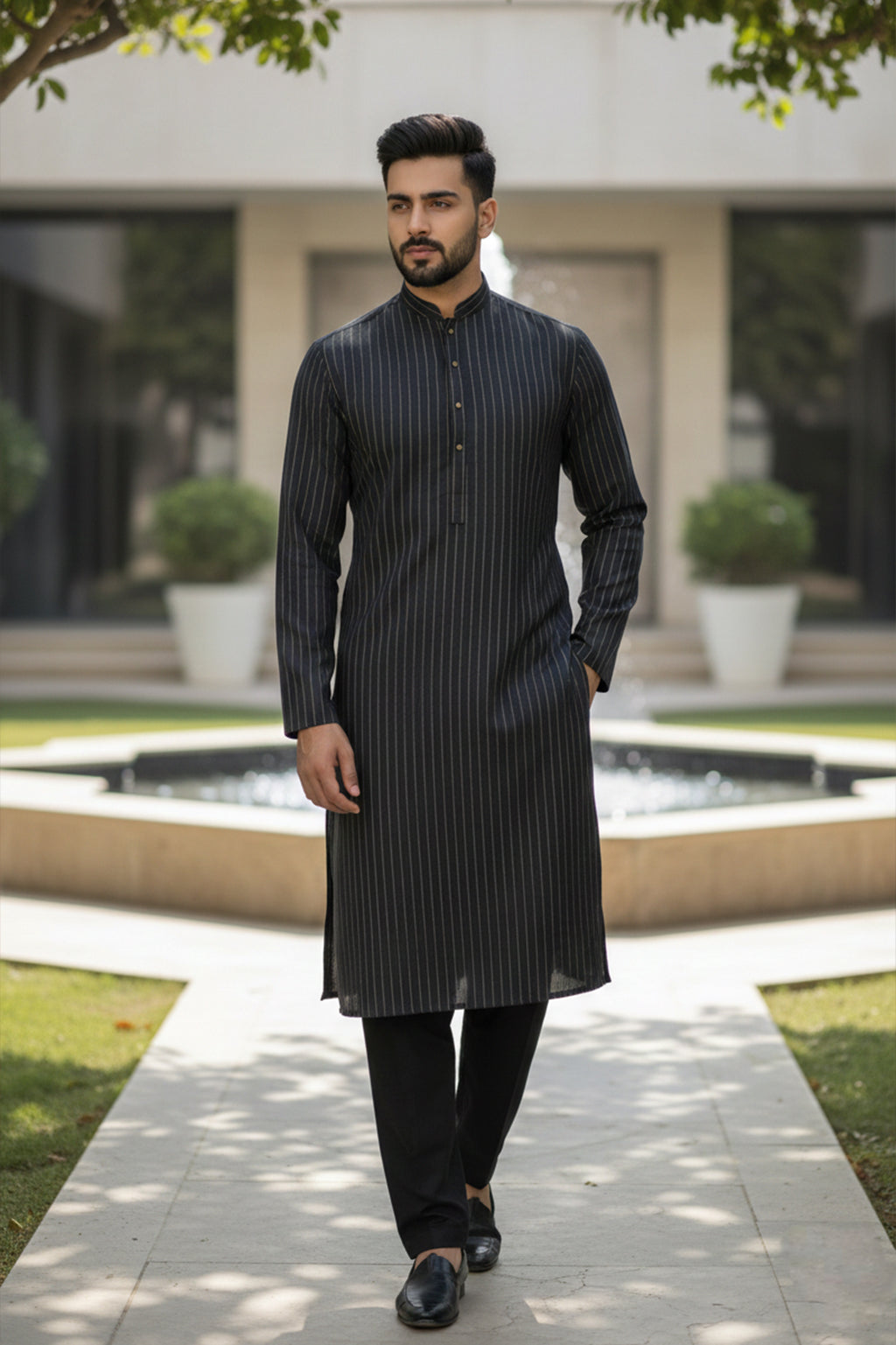 Premium Imported Vietnam Quality black Pinstripe Kurta Shalwar Fabric – Elegant Gold Line Design