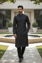 Premium Imported Vietnam Quality black Pinstripe Kurta Shalwar Fabric – Elegant Gold Line Design