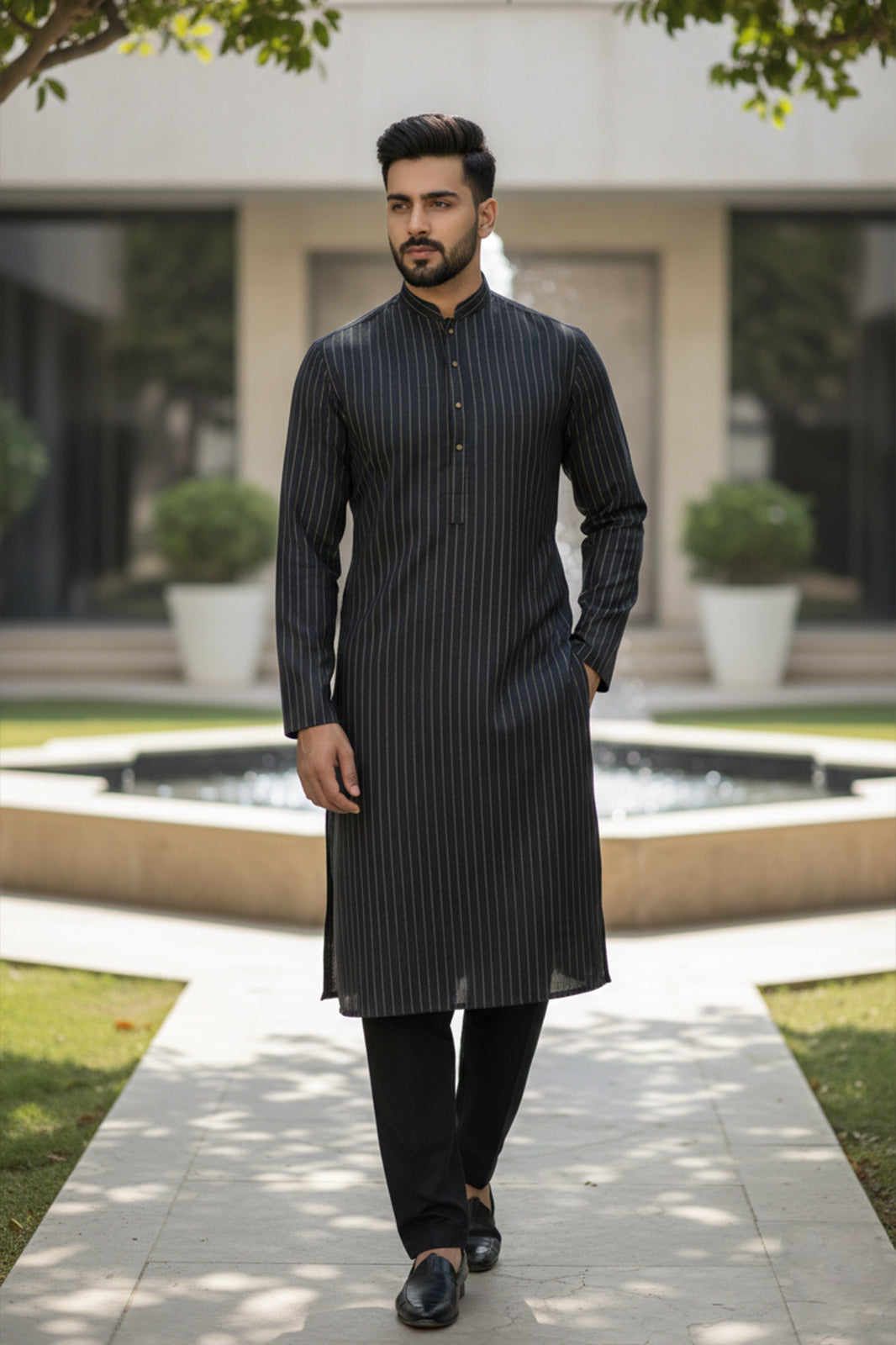 Premium Imported Vietnam Quality black Pinstripe Kurta Shalwar Fabric – Elegant Gold Line Design