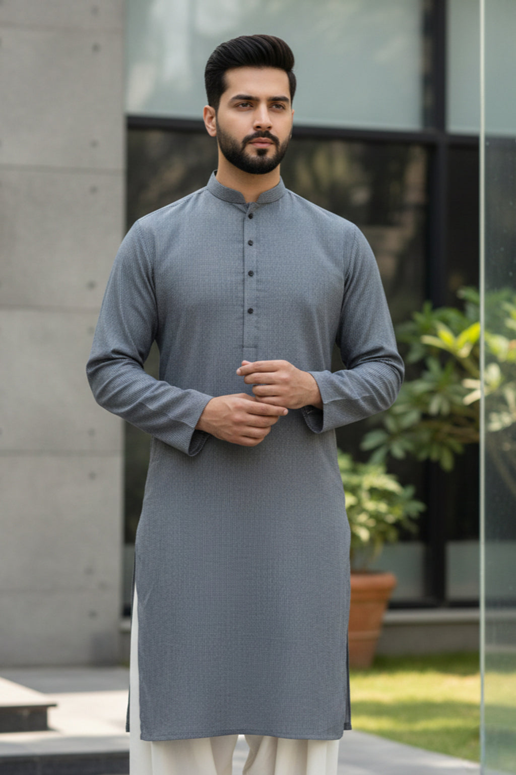 Gray base with Black premium Lining kurta with white shalwar