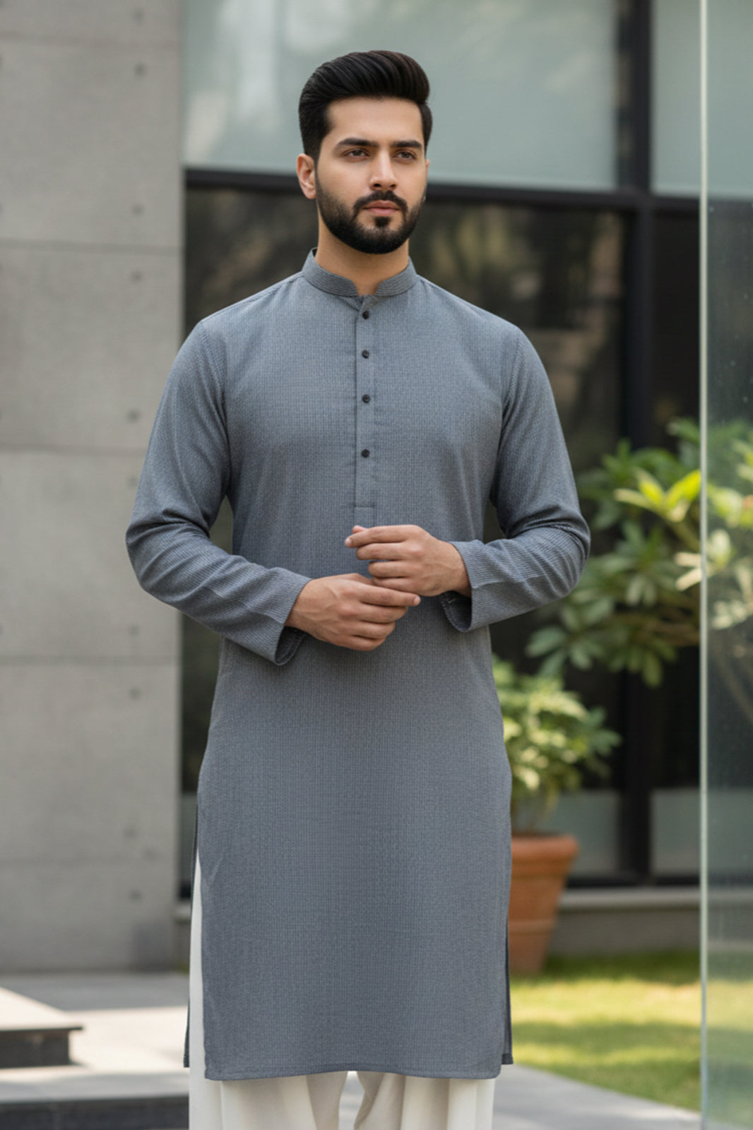 Gray base with Black premium Lining kurta with white shalwar