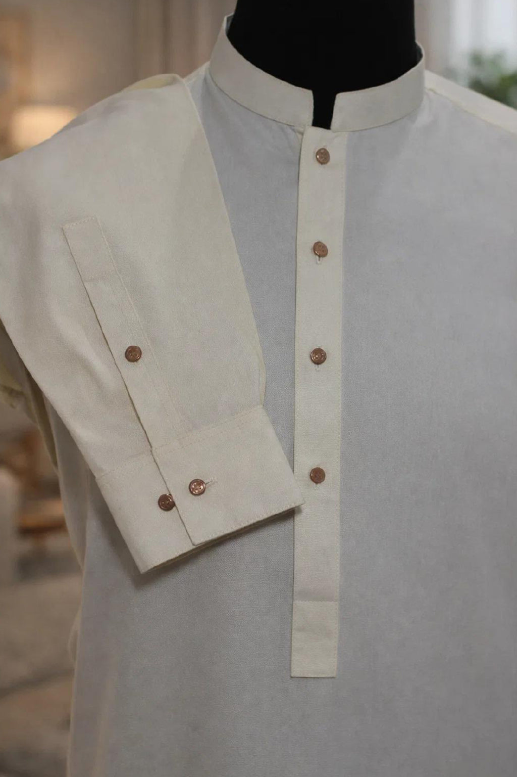 Men's Classic Off-White Stand Collar Kurta with Golden Buttons