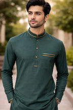 Mens Premium Quality Green Kurta shalwar with double piping on edge of Band Collar.