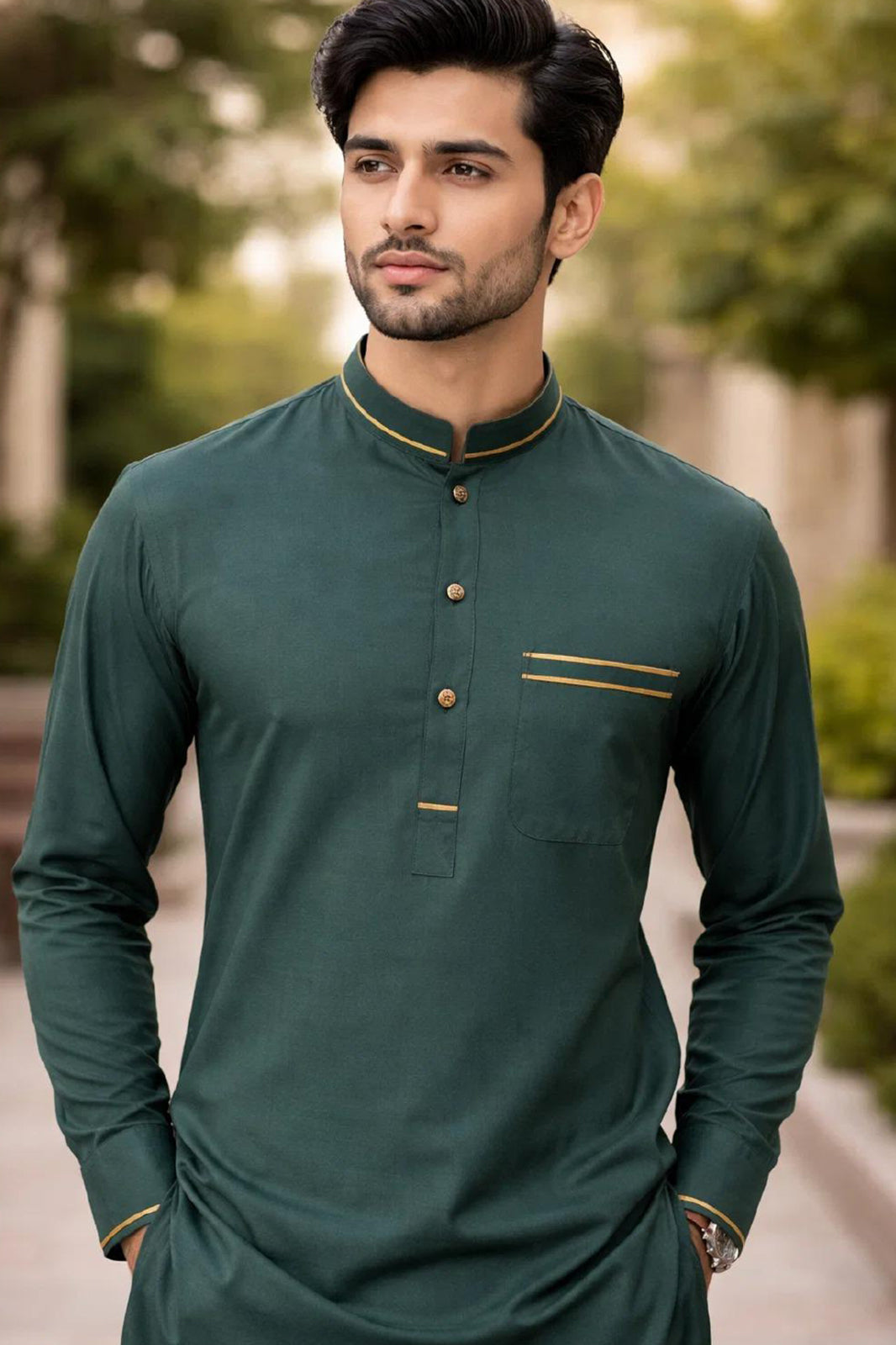 Mens Premium Quality Green Kurta shalwar with double piping on edge of Band Collar.