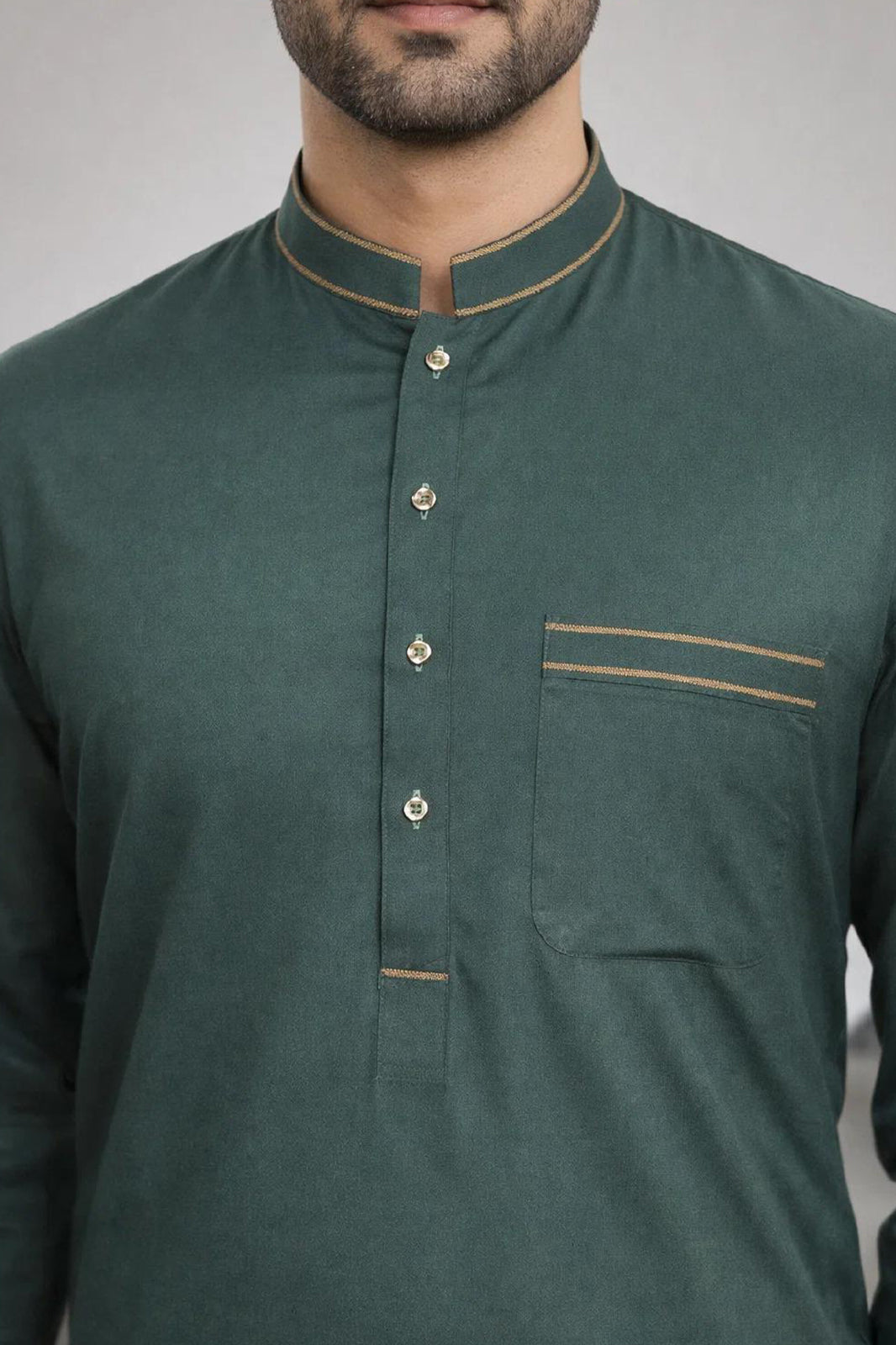 Mens Premium Quality Green Kurta shalwar with double piping on edge of Band Collar.