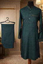 Mens Premium Quality Green Kurta shalwar with double piping on edge of Band Collar.