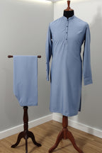 Sky Blue Men's Kurta Shirt with Navy Placket & Band Collar – Casual Chic (Stitched)
