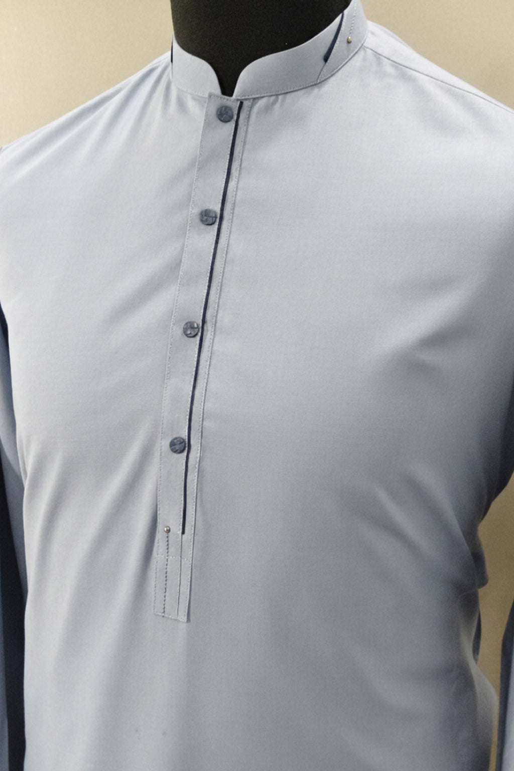 Sky Blue Men's Kurta Shirt with Navy Placket & Band Collar – Casual Chic (Stitched)