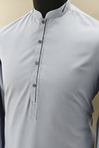 Sky Blue Men's Kurta Shirt with Navy Placket & Band Collar – Casual Chic (Stitched)