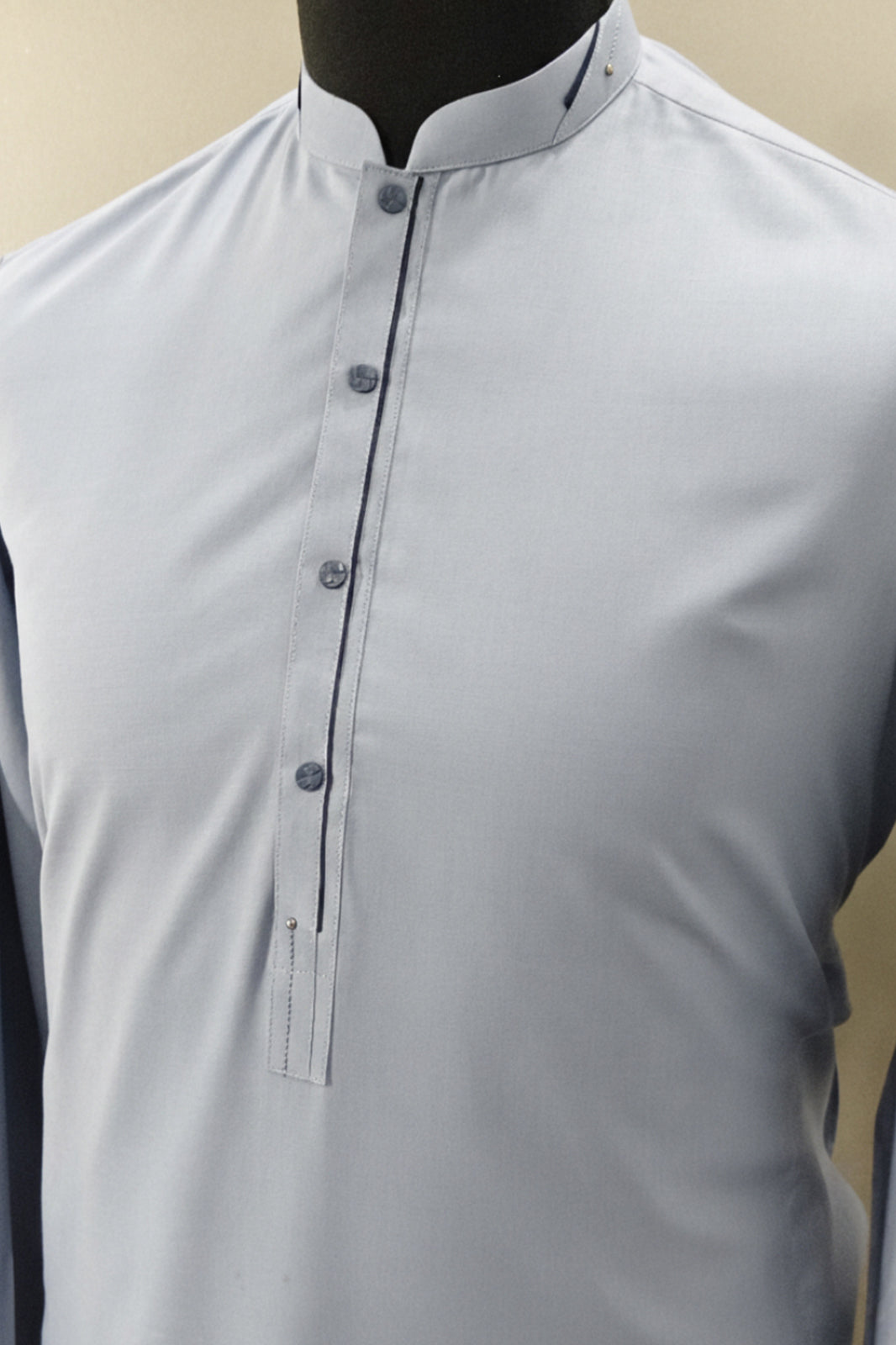 Sky Blue Men's Kurta Shirt with Navy Placket & Band Collar – Casual Chic (Stitched)