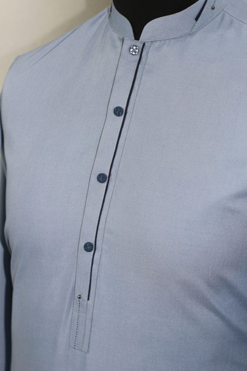 Sky Blue Men's Kurta Shirt with Navy Placket & Band Collar – Casual Chic (Stitched)
