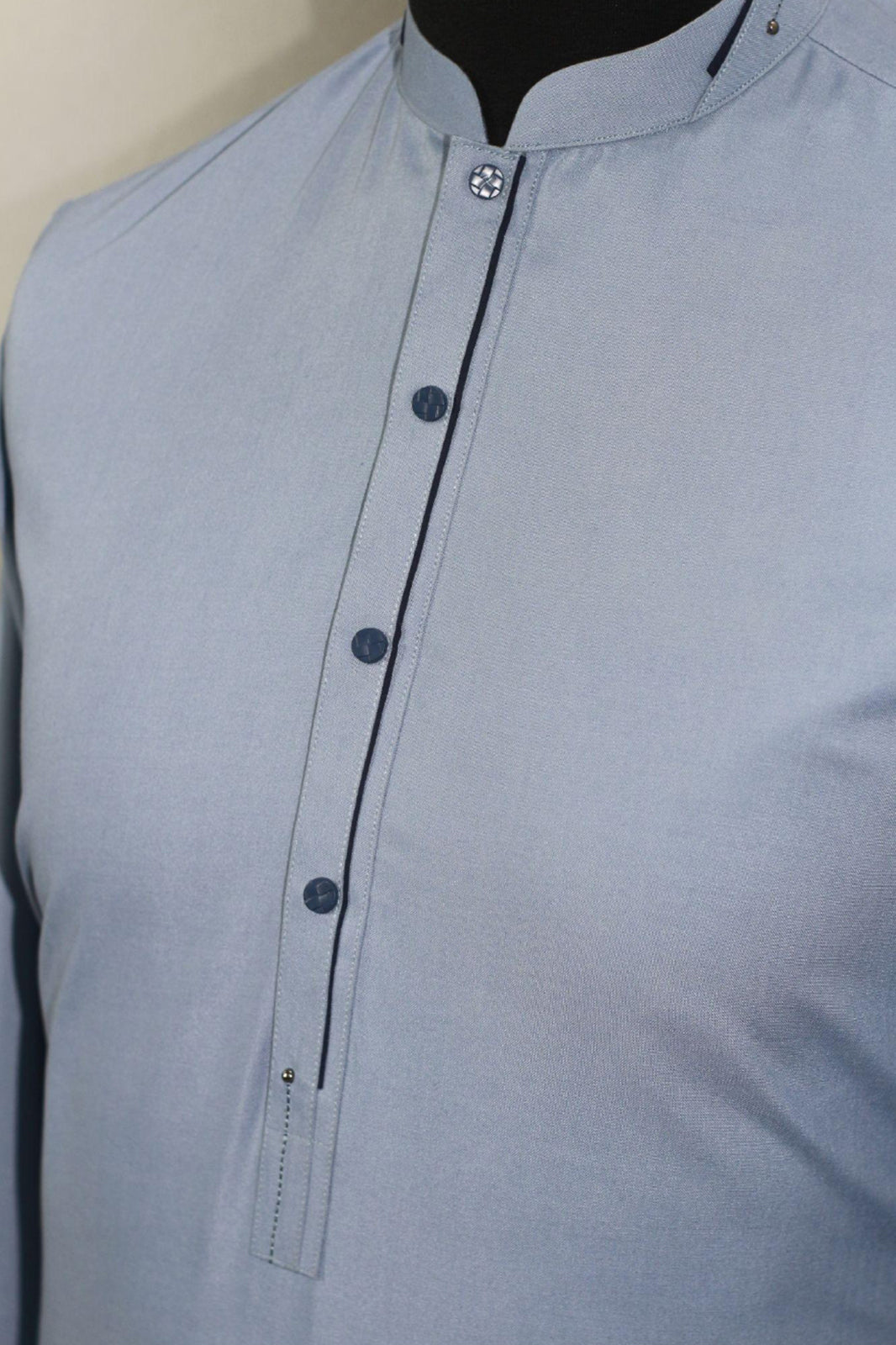 Sky Blue Men's Kurta Shirt with Navy Placket & Band Collar – Casual Chic (Stitched)