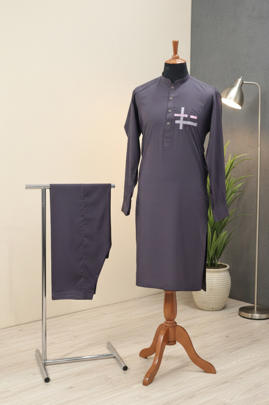 Sleek & Statement: Men's Anthracite dark purple Tunic with Abstract Intersecting Pocket