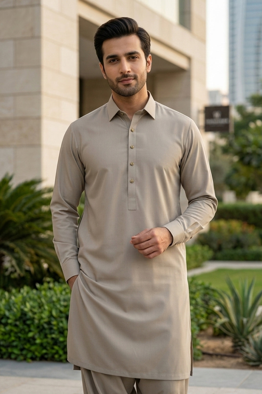 Premium Ideal Summer Fabric Sage-Pistachio color Kameez Shalwar with Collar & Coin Buttons