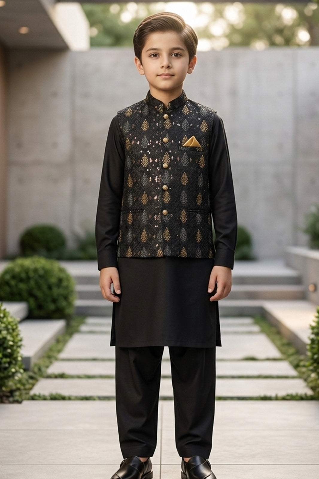 Men’s Black Embroidered Sequin Nehru Jacket Set with Kurta – Festive Ethnic Wear